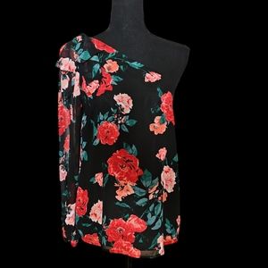 Belle + Sky One Shoulder Red And Black Women's Floral Blouse Size M